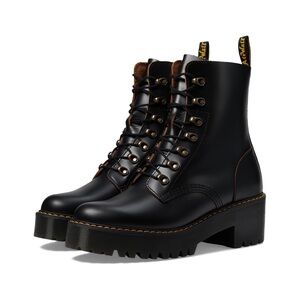 Dr Martens Leona Nubuck Leather Platform Combat Boots Woman Black NEW
